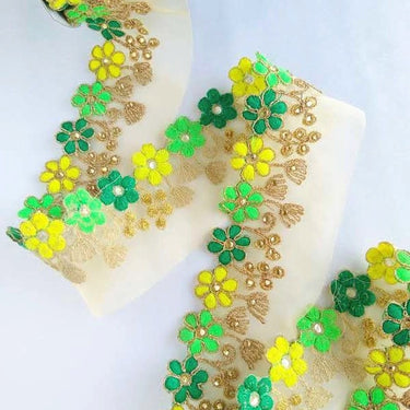 Gold Sheer Tissue Fabric Trim With Embroidered Green & Gold Flowers, Embellished With Beads, Approx. 65 mm Wide - 210119L105